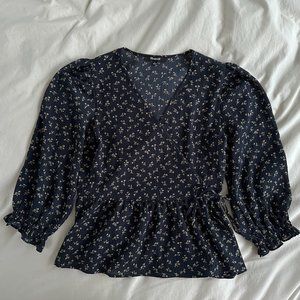 Madewell Navy Floral Wrap Blouse